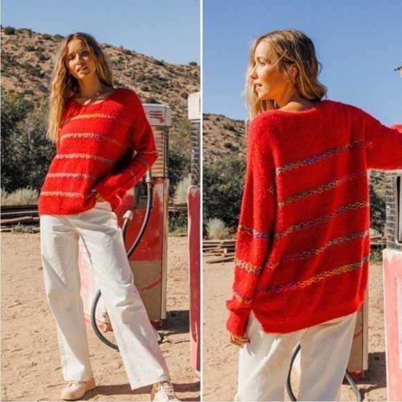 Ces Femme Red Multi Stripe Fuzzy Sweater Sz S NWOT - Picture 1 of 11